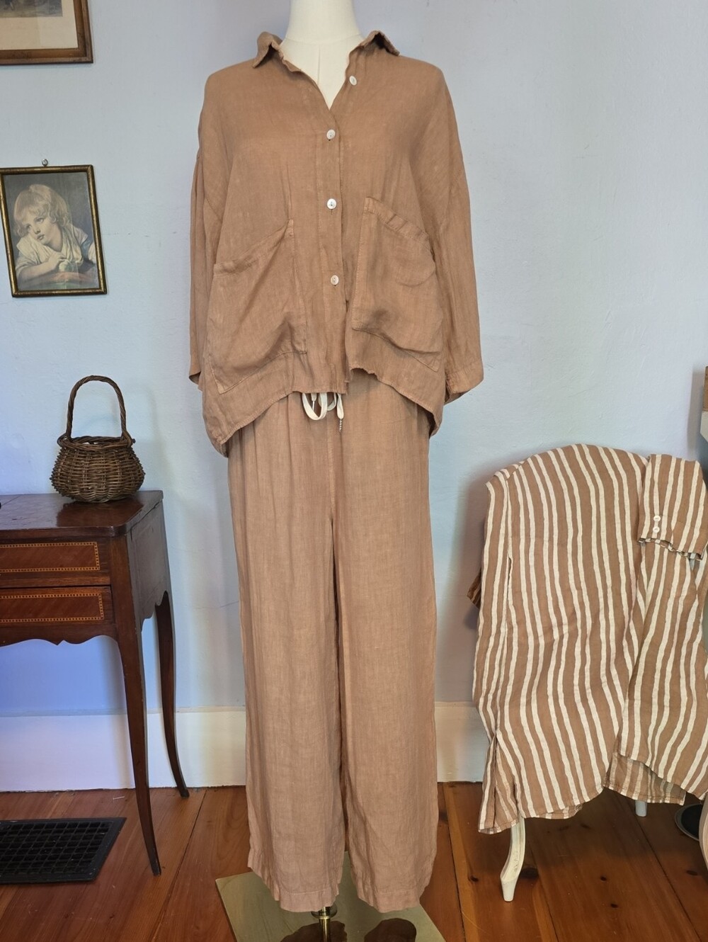 Brin d'été Three Piece Relaxed 100% Linen Wide Leg Pants, Tunic, and Top